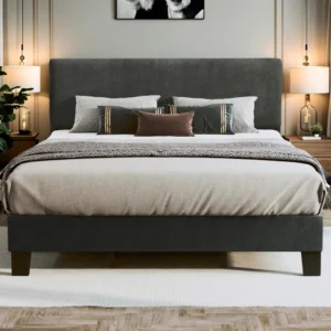 King Bed Frame with Adjustable Headboard Upholstered Bed Frame Platform Linen Fabric Headboard Wooden Slats Support