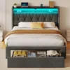 Twin Bed Frame with Drawer, Storage Headboard,Upholstered Bed with Heavy Duty Wood Slats,Noise Free, Easy Assembly, Dark Grey